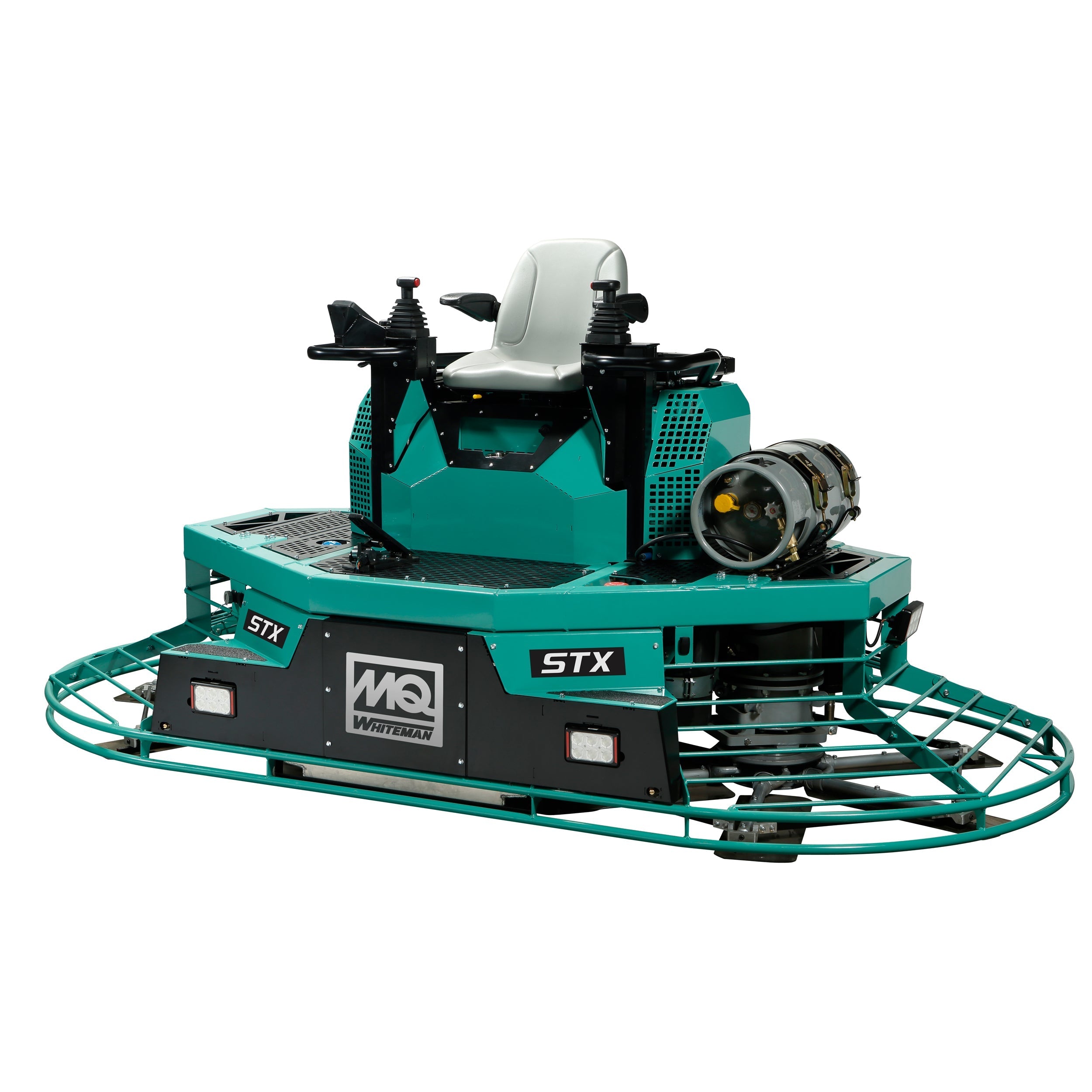 Front side view of a 10-foot ride-on trowel powered by gasoline, ideal for professional concrete finishing operations