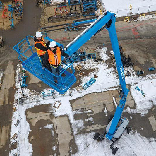135-foot articulated boom lift with internal combustion engine, showcasing its extended arm for reaching high elevations, ideal for construction and industrial applications.