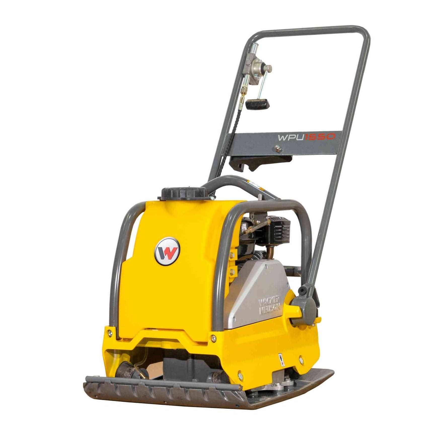 Front right view of a 3,375 lb plate tamper with reverse gasoline compaction technology.