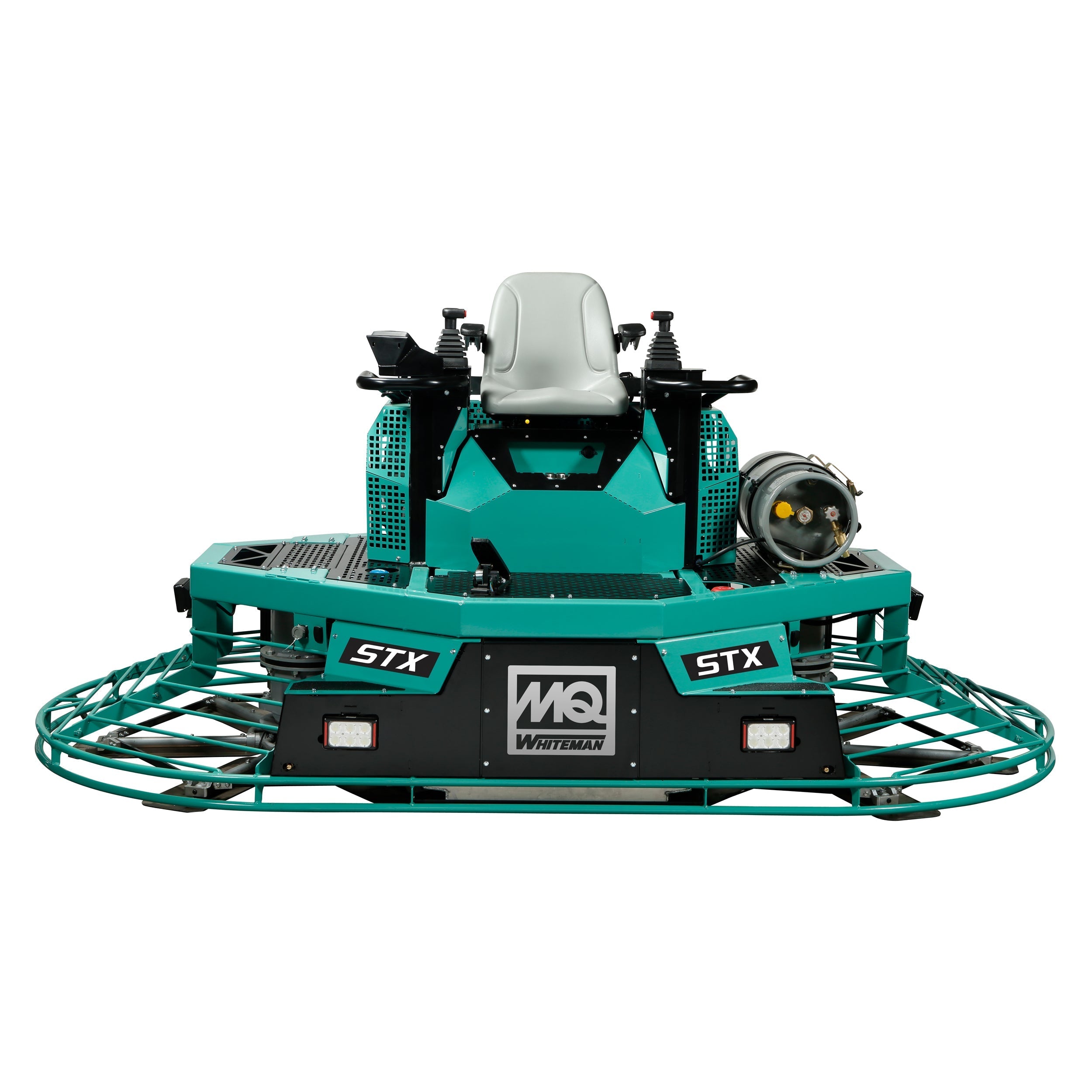 Front view of a 10-foot Ride-On Trowel powered by gasoline, ideal for smoothing and finishing large concrete surfaces, showcasing durable construction and easy maneuverability.