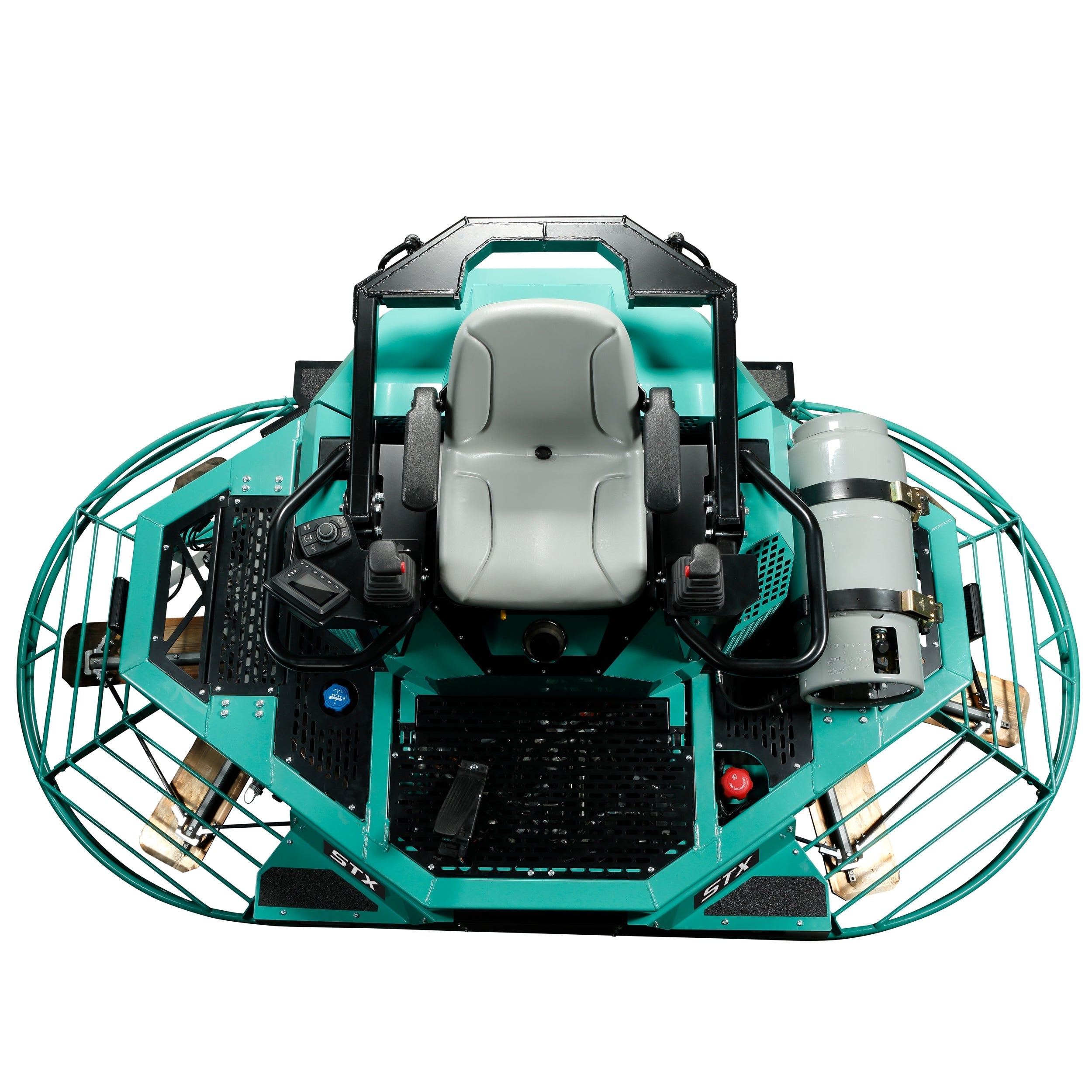 10-foot ride-on trowel with gasoline engine on a concrete floor, designed for smoothing and finishing large areas, ideal for construction and flooring projects