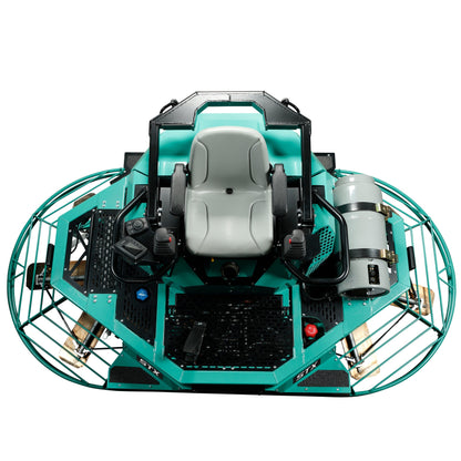 10-foot ride-on trowel with gasoline engine on a concrete floor, designed for smoothing and finishing large areas, ideal for construction and flooring projects