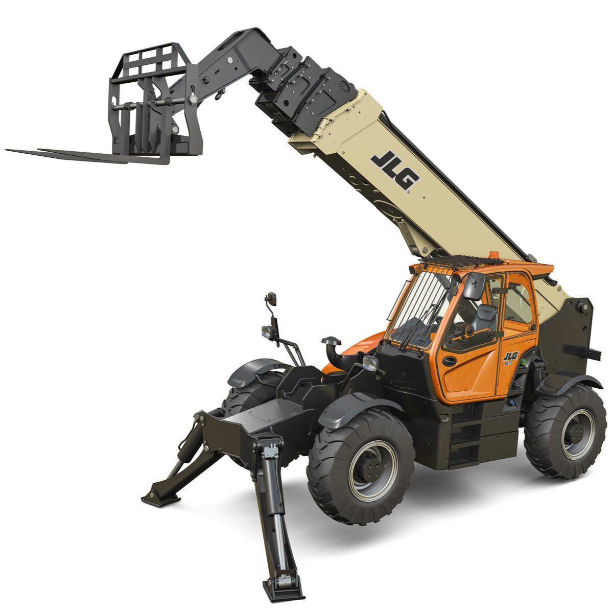 JLG 10,000lb Telescopic Forklift with 75ft Reach, Side View Raised - Heavy-Duty Industrial Equipment for High Reach and Lifting Efficiency