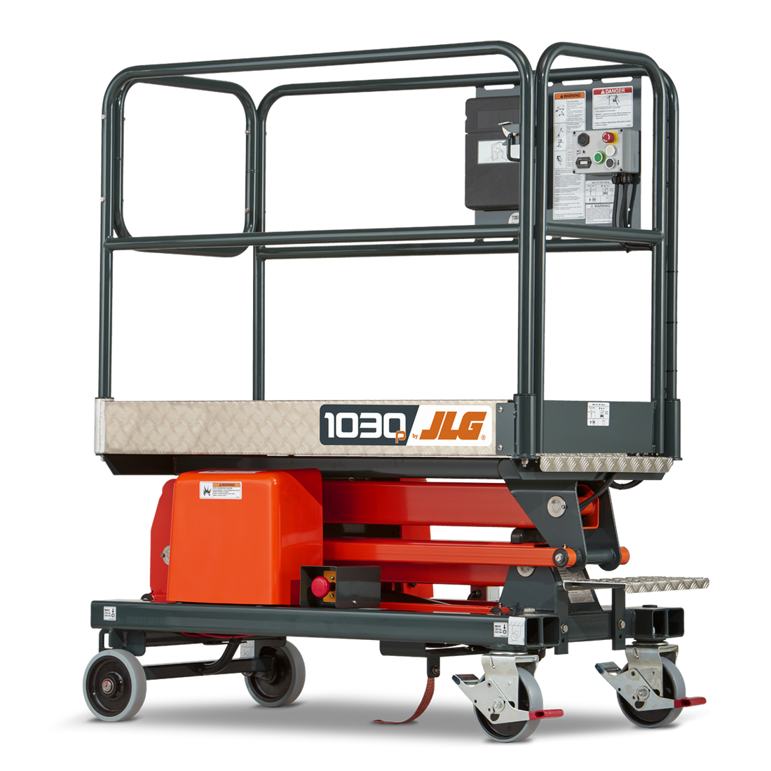 Folded 10 foot Electric Push-Around Scissor Lift Isolated on White Background – Compact blue and white scissor lift in its folded position, featuring a sturdy wheeled base, platform with guardrails, and an accessible control panel. Perfect for storage and easy transport.