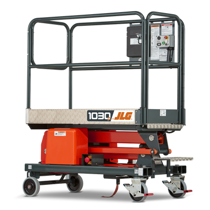 Folded 10 foot Electric Push-Around Scissor Lift Isolated on White Background – Compact blue and white scissor lift in its folded position, featuring a sturdy wheeled base, platform with guardrails, and an accessible control panel. Perfect for storage and easy transport.