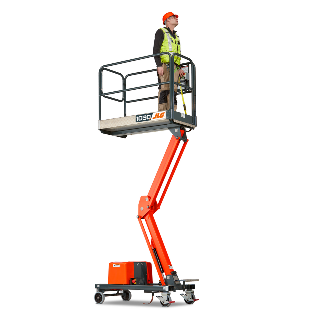10 foot Electric Push-Around Scissor Lift on White Background – Compact blue and white scissor lift with wheeled base, platform with guardrails, and user control panel. Ideal for maintenance, construction, and warehouse tasks.