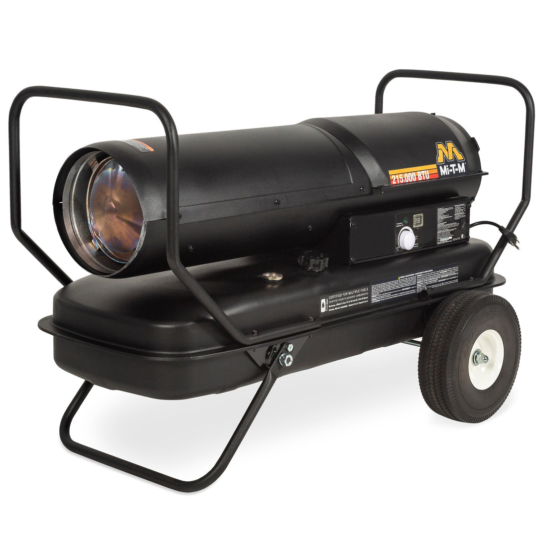 125,000 BTU Indirect Kerosene Heater with compartment open, showcasing robust design and components, ideal for efficient heating solutions in industrial and large indoor spaces.