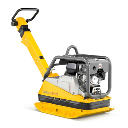 Front left view of a 12,500 lb plate tamper featuring advanced reverse gasoline compaction technology, ideal for heavy-duty construction and paving projects.