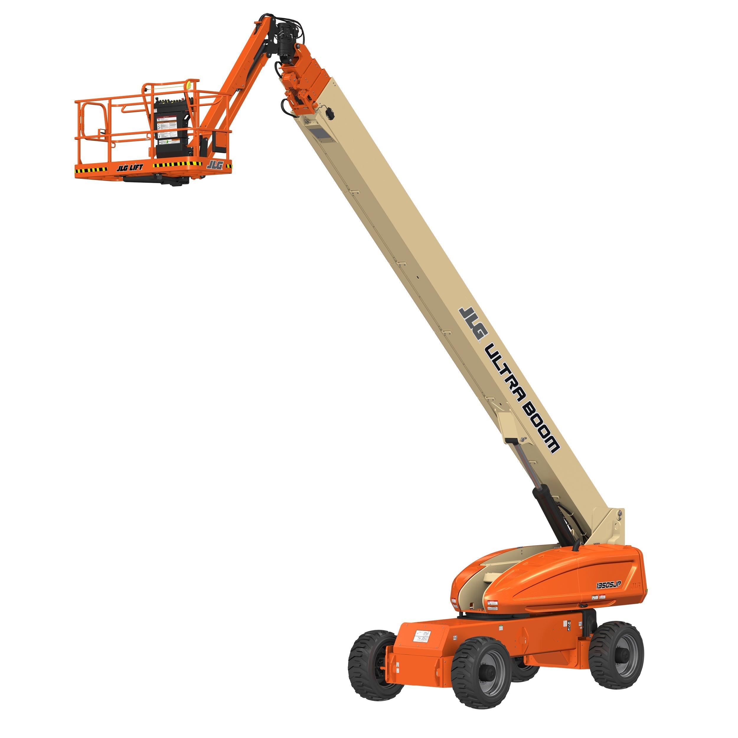 135-foot straight boom lift with internal combustion engine, extended and ready for use on a construction site.