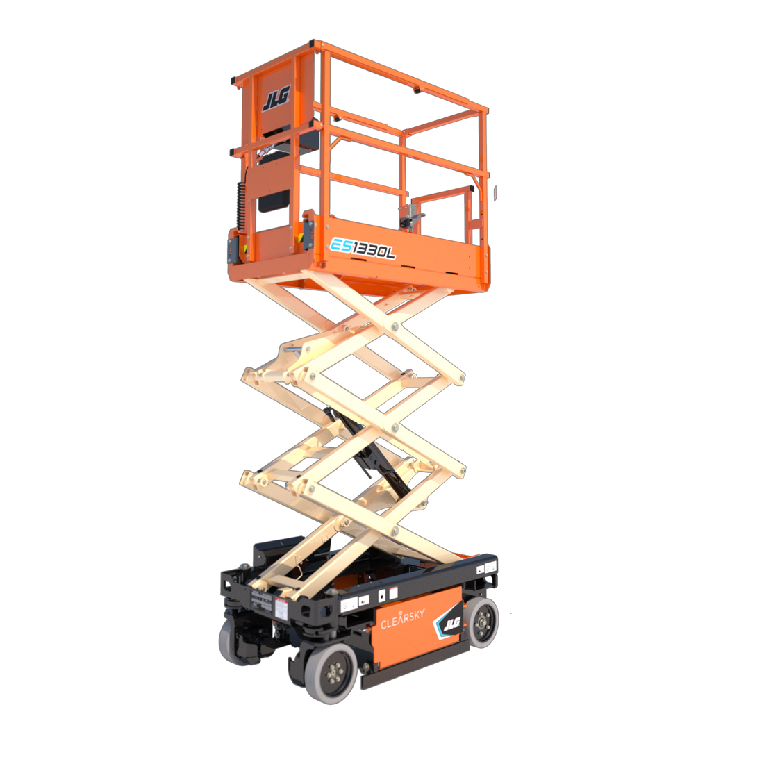 Electric Scissor Lift Elevated – High-quality image of an electric scissor lift fully extended, displaying a blue and white design with a spacious work platform and safety guardrails. The sturdy hydraulic mechanism and wheeled base ensure stability and mobility, making it ideal for tasks in construction, maintenance, and industrial settings. This powerful lift enhances productivity and safety for elevated work areas.