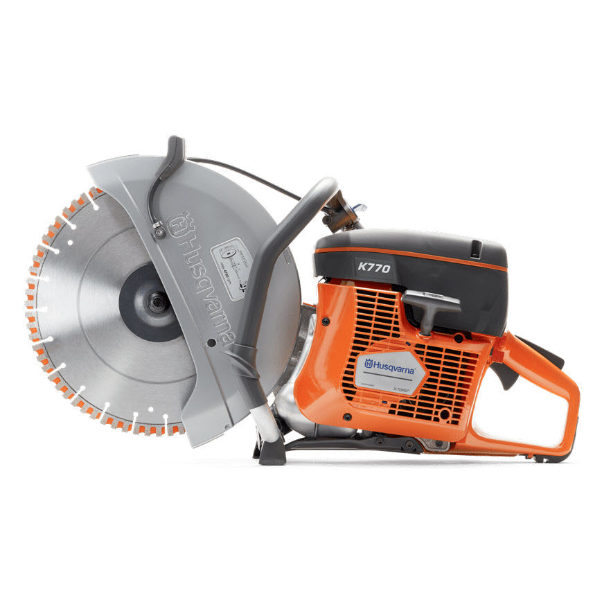 Side view of 14-inch Gasoline Cut-Off Saw - Professional-grade construction tool featuring a powerful gasoline engine and a 14-inch cutting blade. Ideal for precise and efficient cutting of concrete, masonry, and metal. Built with ergonomic handle for comfort and durability, perfect for demanding construction and landscaping tasks.