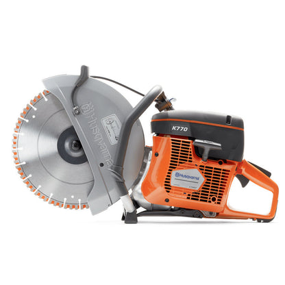 Side view of 14-inch Gasoline Cut-Off Saw - Professional-grade construction tool featuring a powerful gasoline engine and a 14-inch cutting blade. Ideal for precise and efficient cutting of concrete, masonry, and metal. Built with ergonomic handle for comfort and durability, perfect for demanding construction and landscaping tasks.
