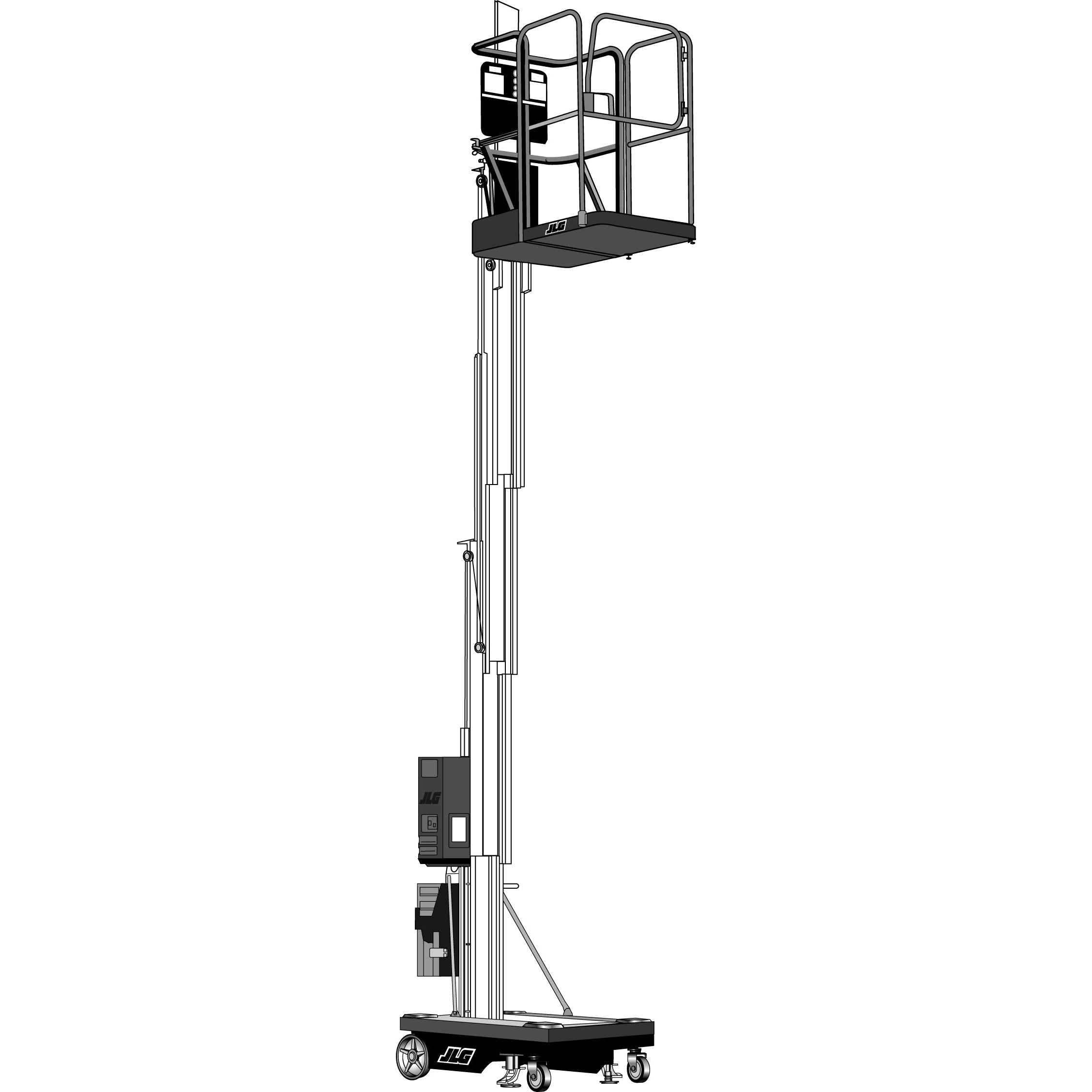 15-Foot Push-A-Round Lift Extended – Image of a 15-foot push-around lift fully extended, featuring a blue and white design. The compact lift includes a secure work platform with safety guardrails and a stable wheeled base. Perfect for maintenance, construction, and various industrial applications that require easy maneuverability and reliable elevation.