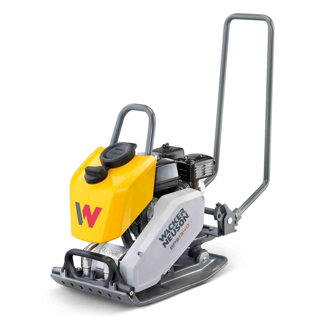 Front right view of a 2925 lb Plate Tamper with forward asphalt compaction technology, showcasing a robust design and efficient vibration system, ideal for road construction and maintenance tasks.