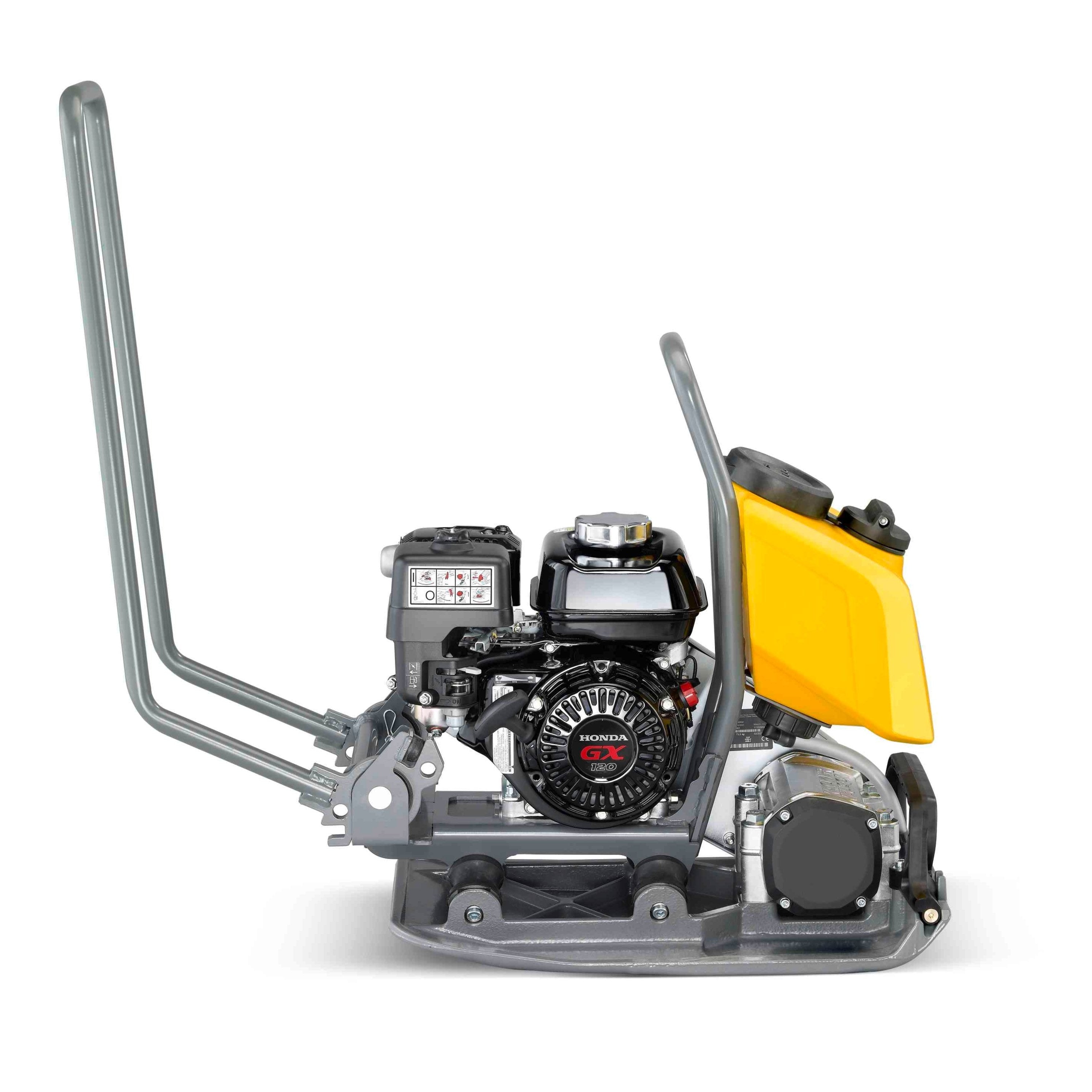 2,470 lb Plate Tamper on Asphalt – Side View – Side view of a 2,470-pound plate tamper in operation on an asphalt surface. This heavy-duty equipment features a durable metal plate and ergonomic handle, designed for efficient compaction of asphalt, soil, and gravel. Perfect for construction sites, road maintenance, and landscaping projects, it ensures stable and even surfaces.