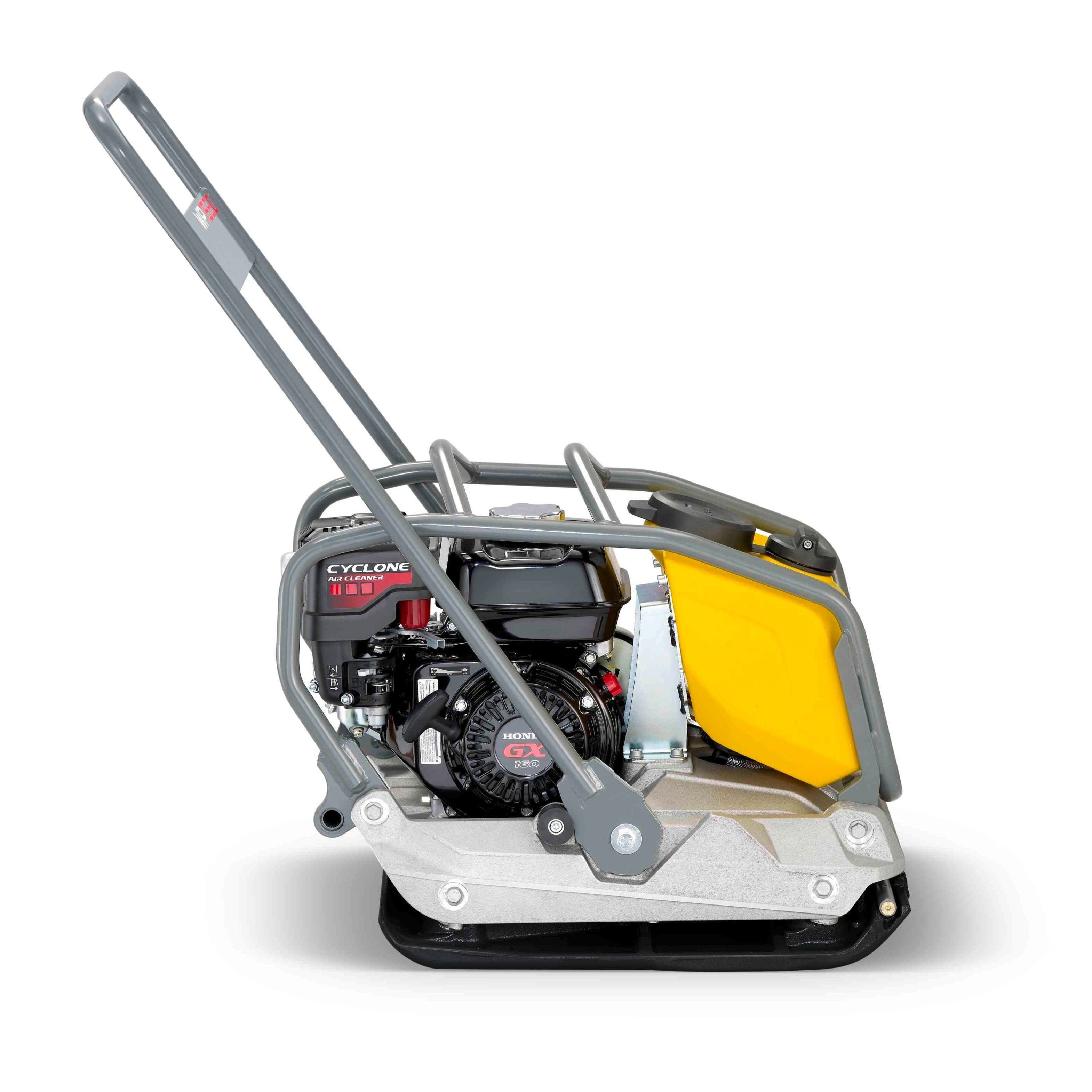 Side view of a 3375 lb plate tamper forward asphalt compactor equipped for heavy-duty construction and paving tasks.