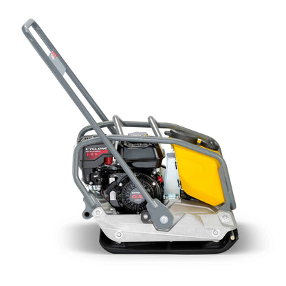 Side view of a 3375 lb plate tamper forward asphalt compactor equipped for heavy-duty construction and paving tasks.