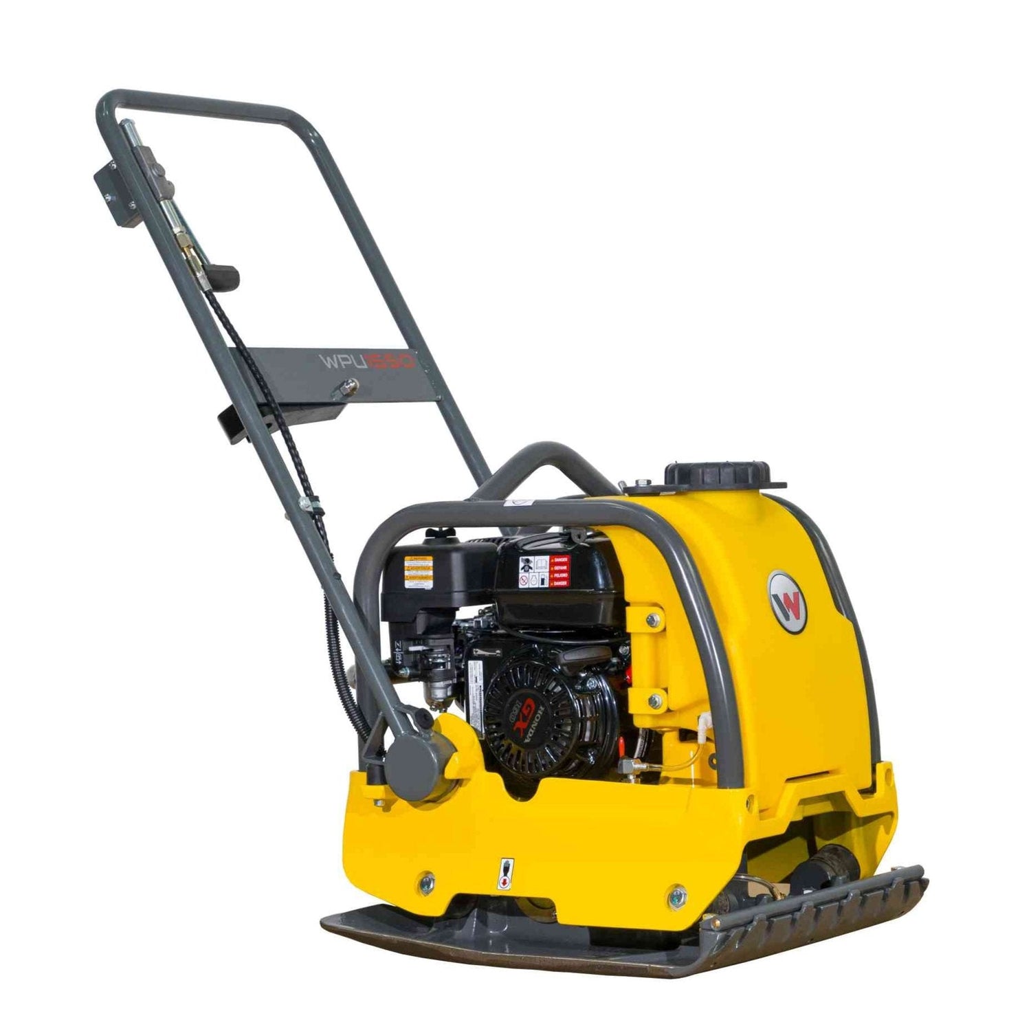 Front left view of a 3,375 lb plate tamper featuring reverse gasoline compaction technology.