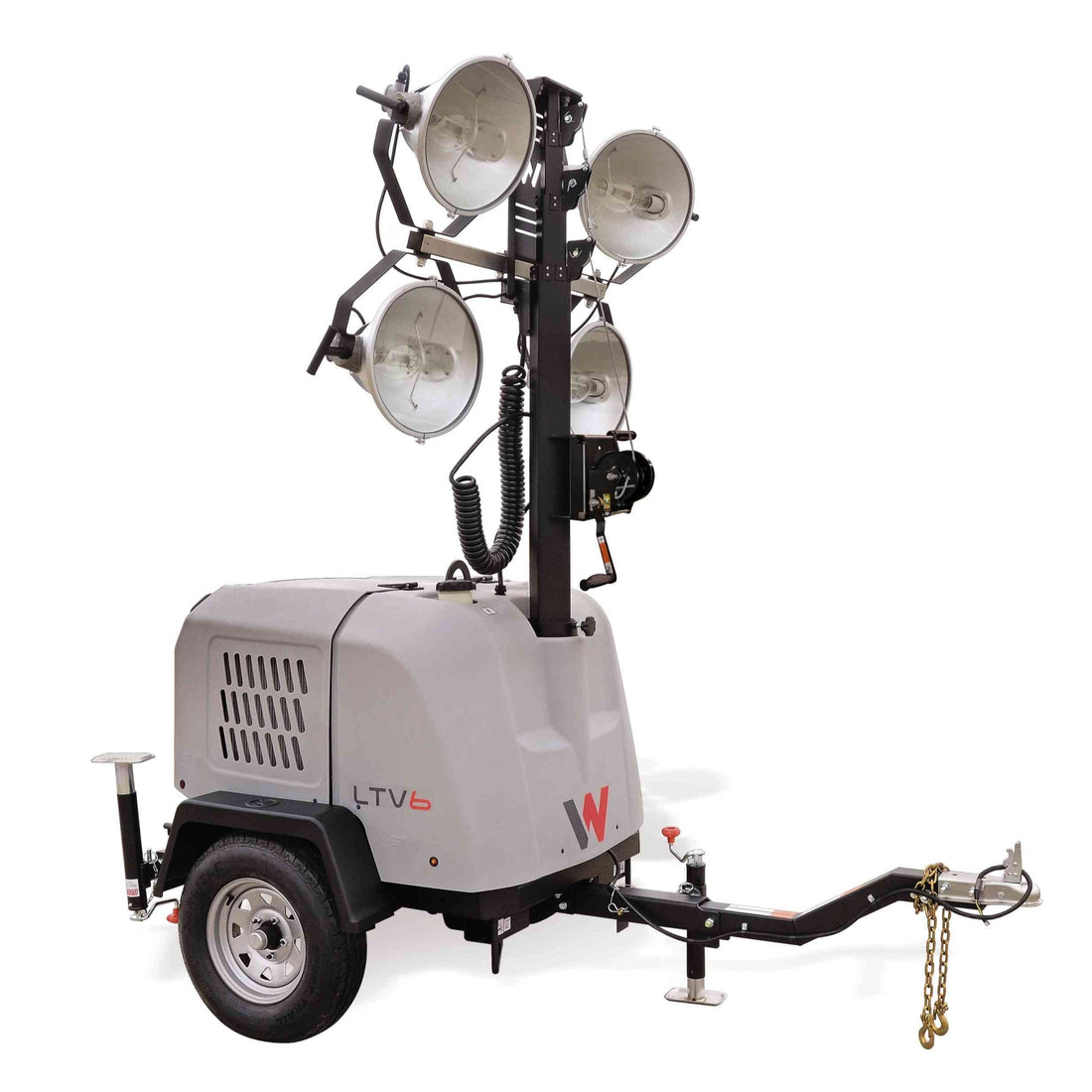 Side view of a 4000W light tower in a vertical position, showcasing its sturdy construction and powerful lighting capabilities, ideal for use in industrial and construction settings.