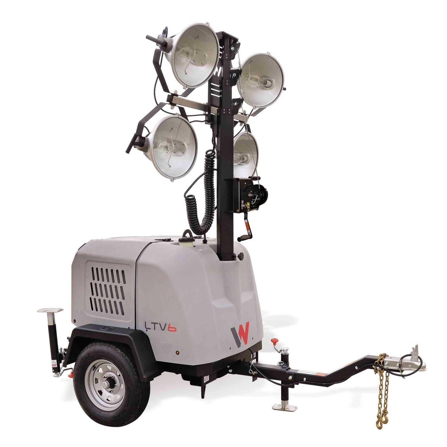 Side view of a 4000W light tower in a vertical position, showcasing its sturdy construction and powerful lighting capabilities, ideal for use in industrial and construction settings.